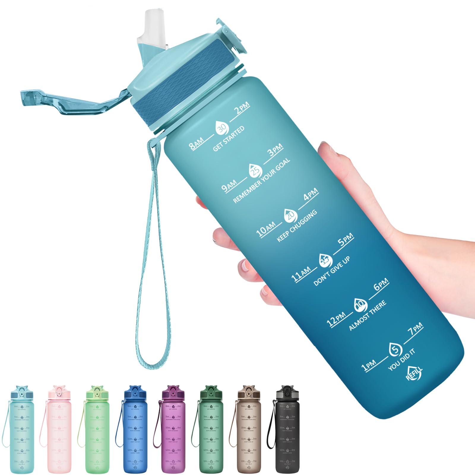 Hyeta Plastic Water Bottle With Straw & Time Marker, 32oz Leakproof Jug
