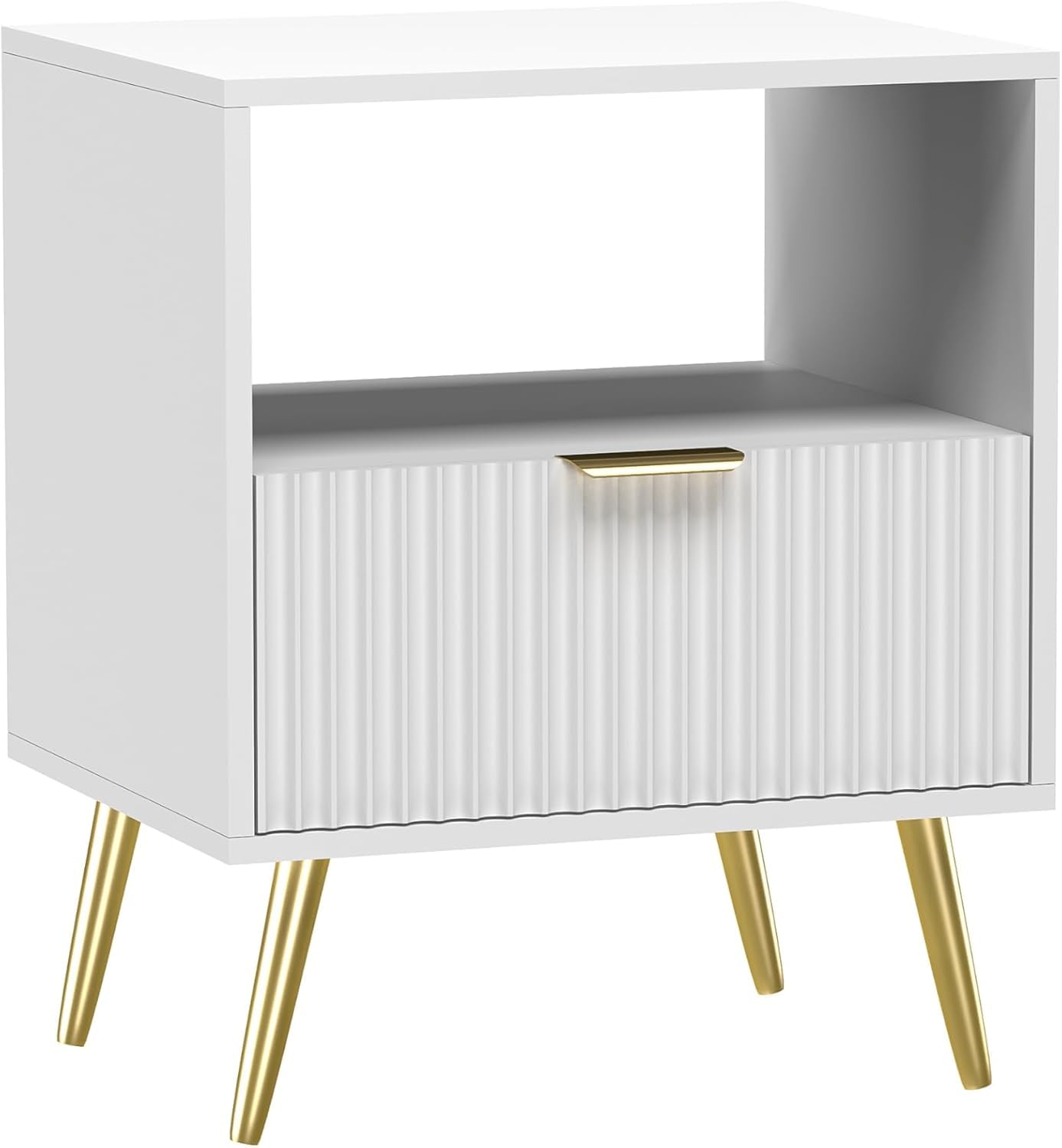 BLUEBRIT White bedside table modern drawer Living Room End Table Sofa Side Table Bedside Table Nightstand White Golden Legs