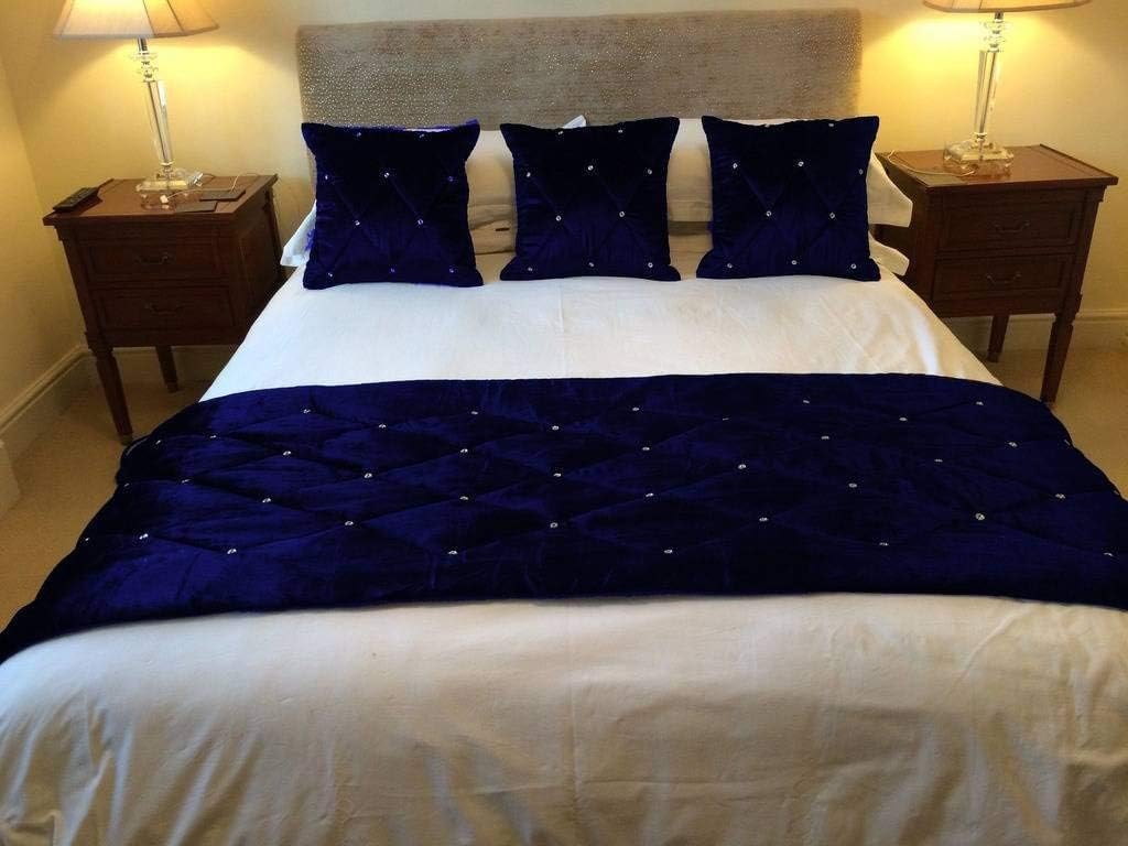 Chemin de lit velours matelassé bleu marine, parure de lit chic pour chambre