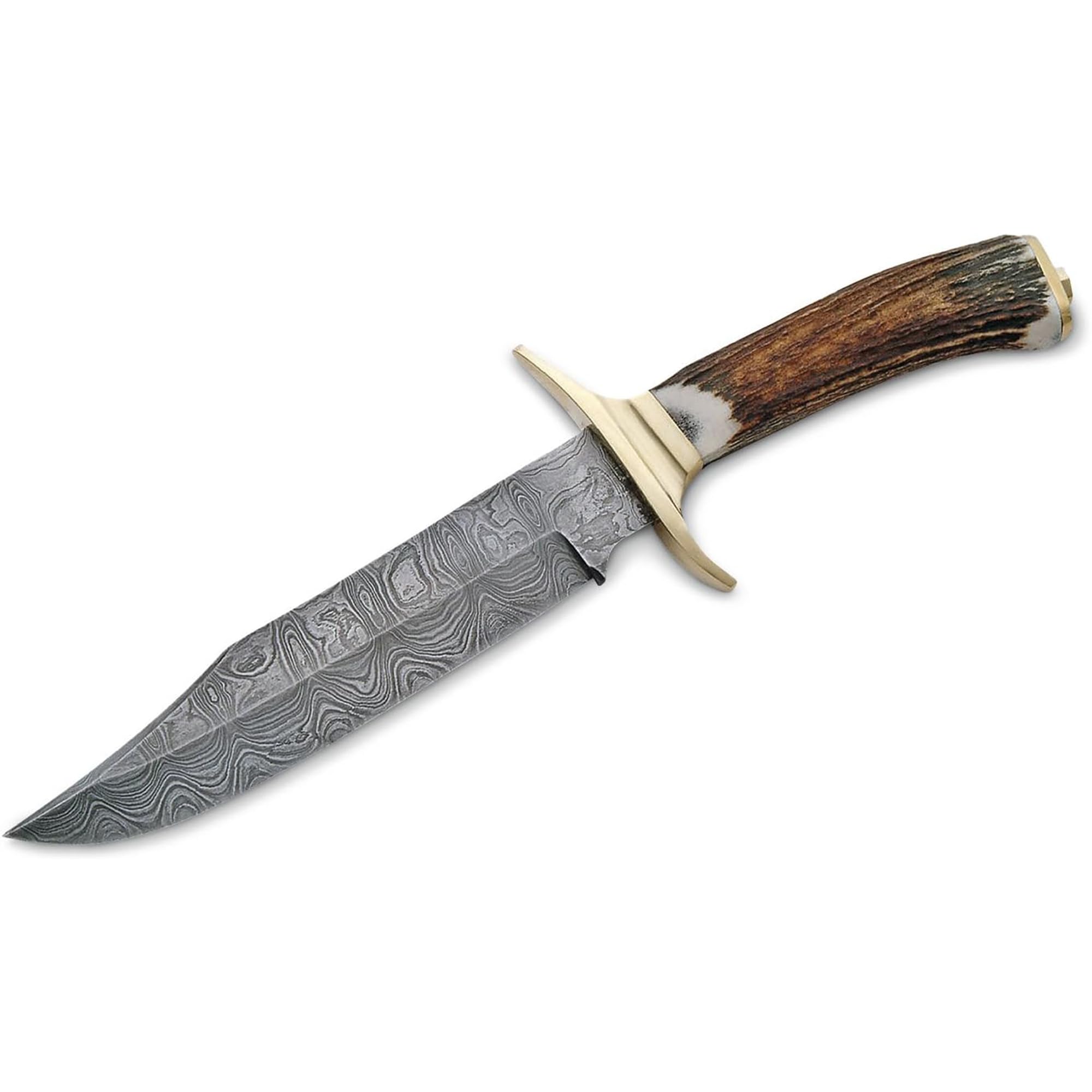 SANZ Damascus Bowie Knife 11 Inch - Camping Knife with Stag Handle, Full Tang Steel Blade & Sheath - Pocket Knife for Hunting, Camping & Outdoor uses - Knives for Men