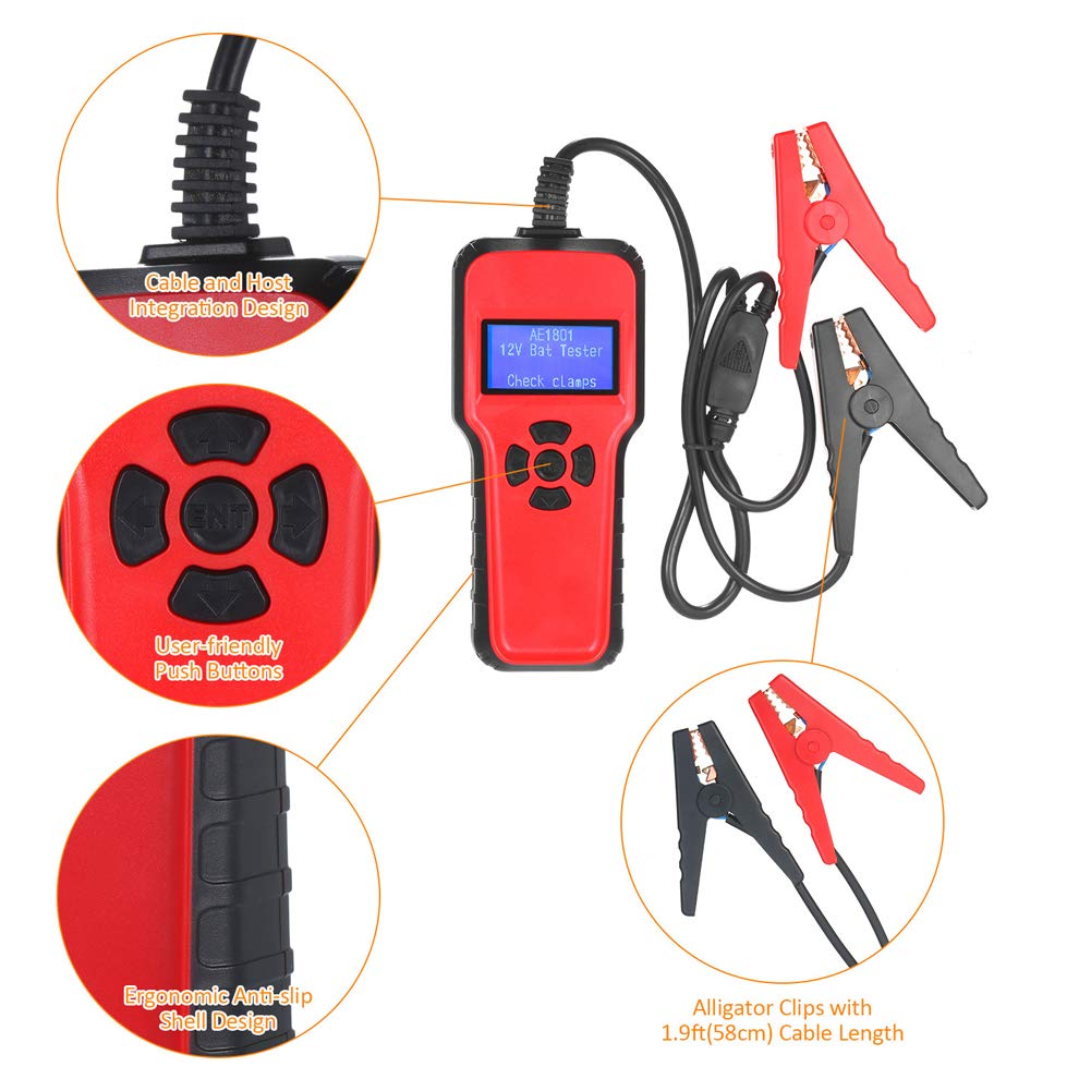 Aramox Testeur de Batterie de Voiture AE1801, Analyseur de Batterie ABS PC pour Batteries de Démarrage 12 V, Rétroéclairage LCD 2,4 Pouces, Tests de Charge de Démarrage de, 6 V à 18 pour les