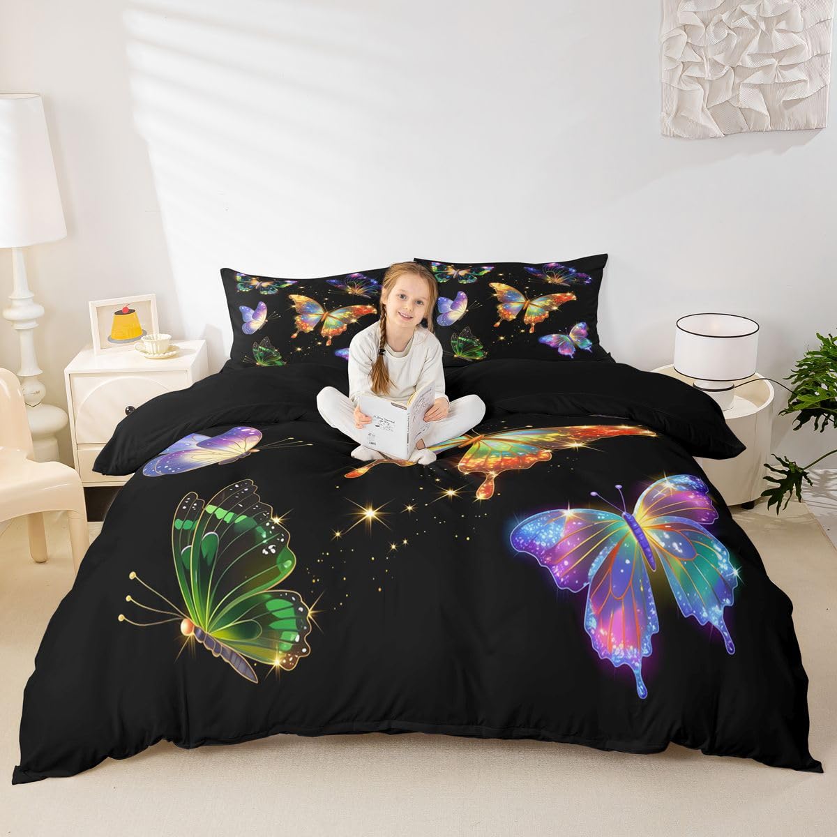 Homewish Set copripiumino per letto super king size, con farfalle colorate e stelle scintillanti