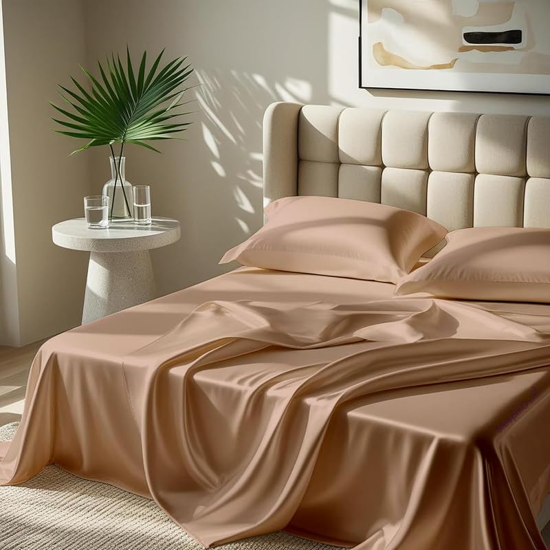 Image of Premium Satin Single Bed (60x90 Inchs) with 1 Pillow Cover Bedsheet Ultra Soft & Silky Smooth, Breathable Cooling Fabric, Luxury Glossy Finish|Bear Beige