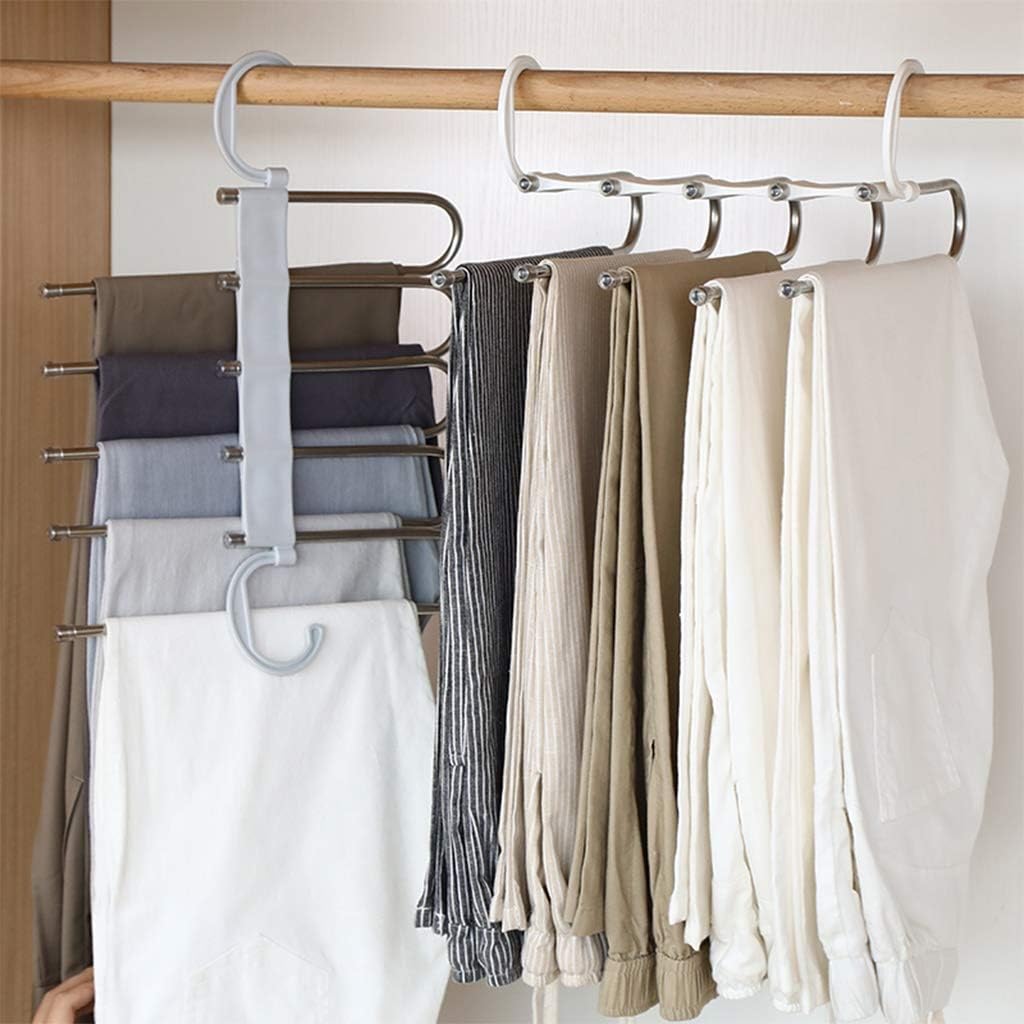 Magic Pants Hangers Space Saving, Pants Hangers,5 Layers Stainless Steel Space Saving Magic Adjustable Dual Hooks Clothes Storage Organizer (Color : White) (Gray)
