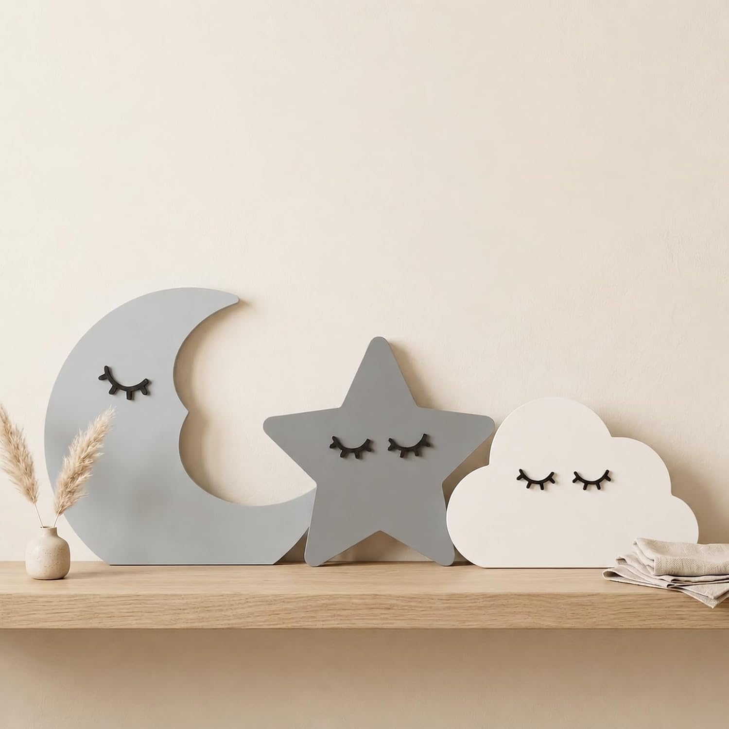 3 Pcs Moon and Stars Nursery Decor, Wooden Nursery Shelf Decoration, Boho Decor Celestial Cloud Moon Star Set for Wedding Baby Shower Boys Girls
