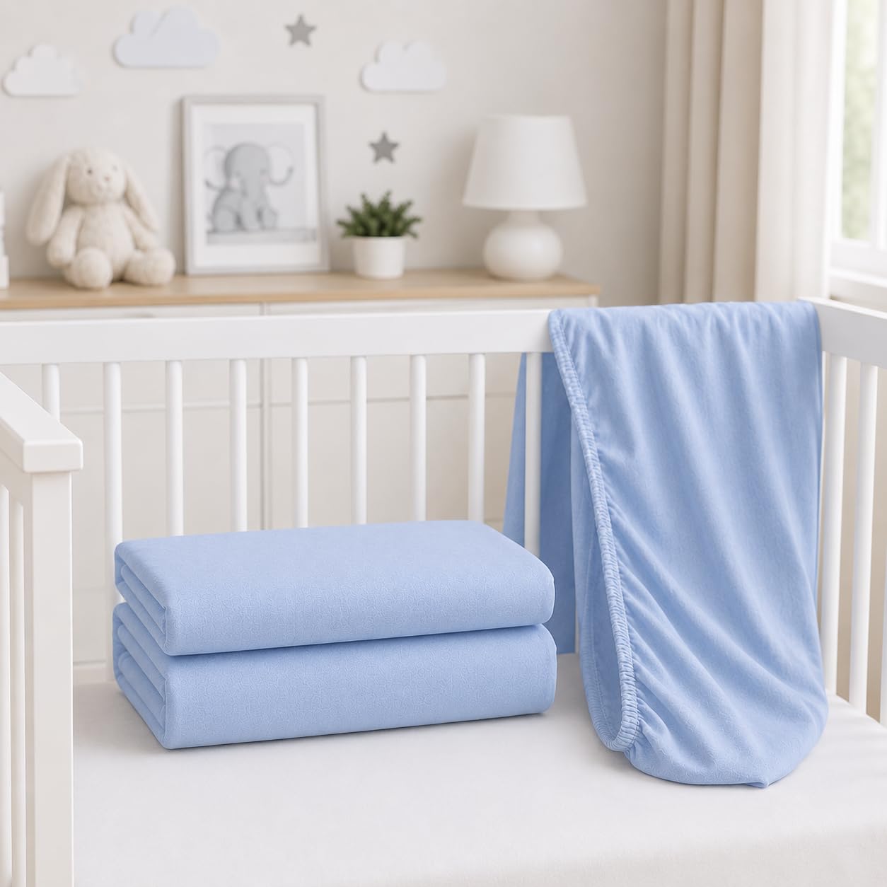 BABYMAM 2 Pack Cot Sheets 100% Jersey Organic Cotton 120x60cm Fitted Sheet Bedding Baby Bed Soft Breathable (Blue)