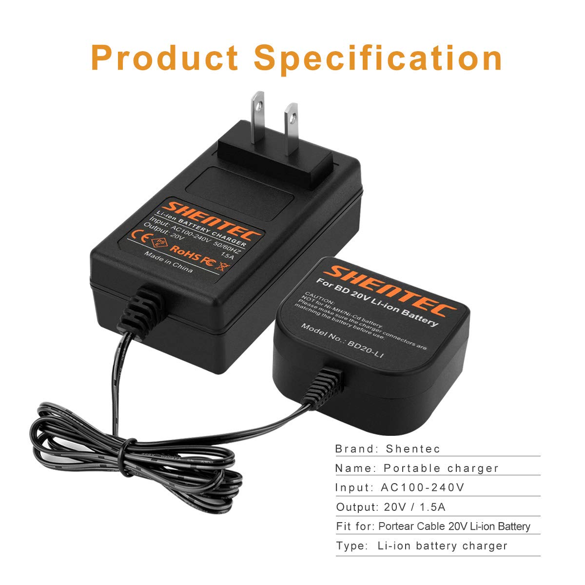 Shentec 20V Li-ion Charger - Compatible with Porter Cable & Black & Decker 20V Batteries