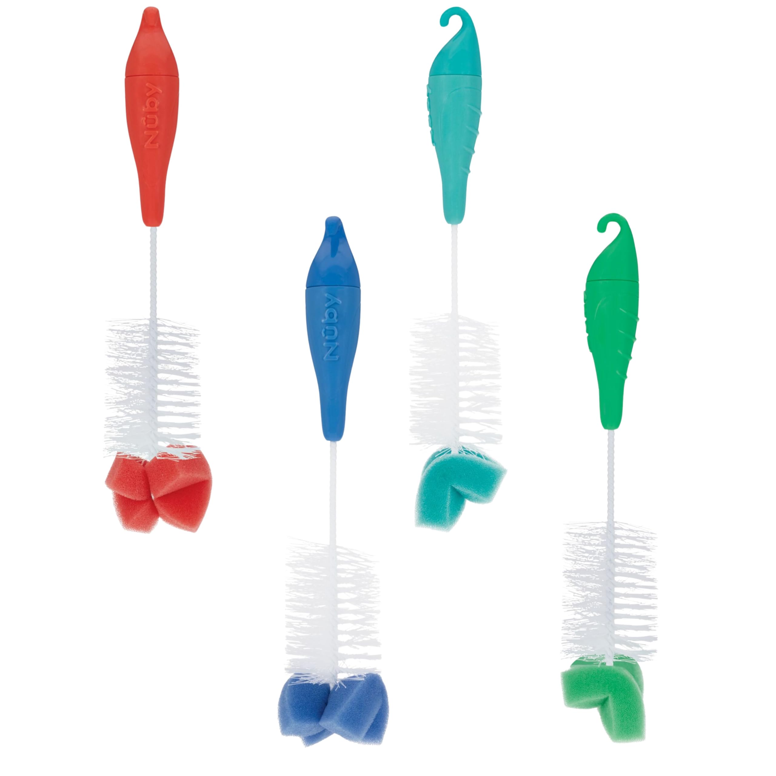 Nuby Confezione da 2 spazzole per biberon e capezzoli con punta in spugna, i colori possono variare