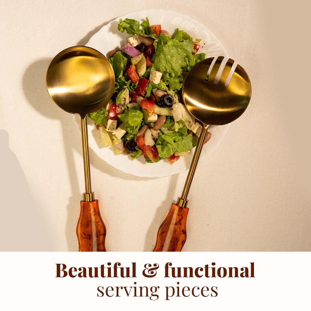 Folkulture Pinzas de ensalada de metal con resina para servir o servir cucharas, pinzas para servir pasta, frutas o ensaladas, tenedores de ensalada de acero inoxidable (marrón dorado, 12 x 3 pulgadas