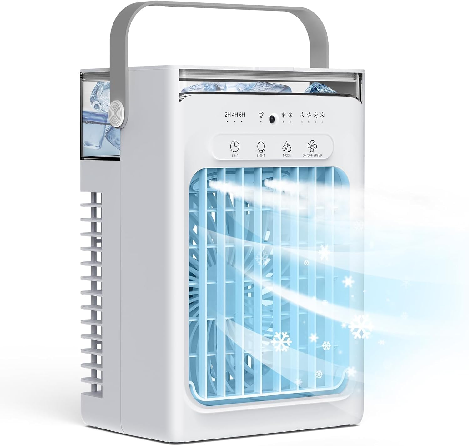 Mini Climatiseur Portable 3-en-1, Réservoir d'Eau 1L, 4 Vitesses Réglables, 3 Minuteurs, Lumière RVB Intégrée, Climatiseur Mobile Silencieux avec Télécommande pour Maison, Bureau
