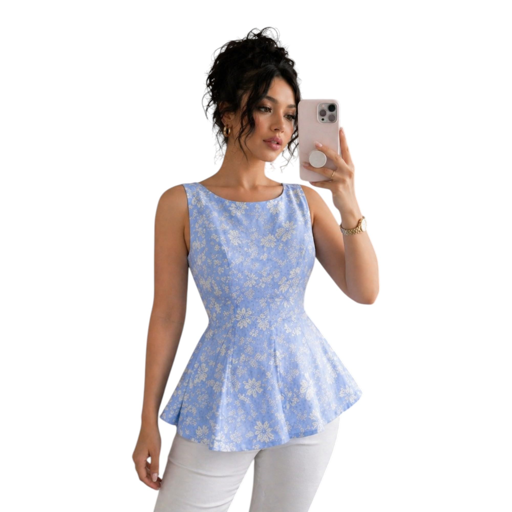 rieka Womens Floral Printed Sleeveless Peplum Top with Back Bow Detail Fitted Bodice Flared Hem Casual Fancy Top for Women-picture-24