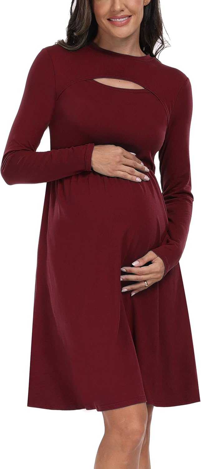 Long Sleeve Fall Maternity Dress Floral A Line Swing Casual Dress for Baby Shower Photoshoot - Image 4