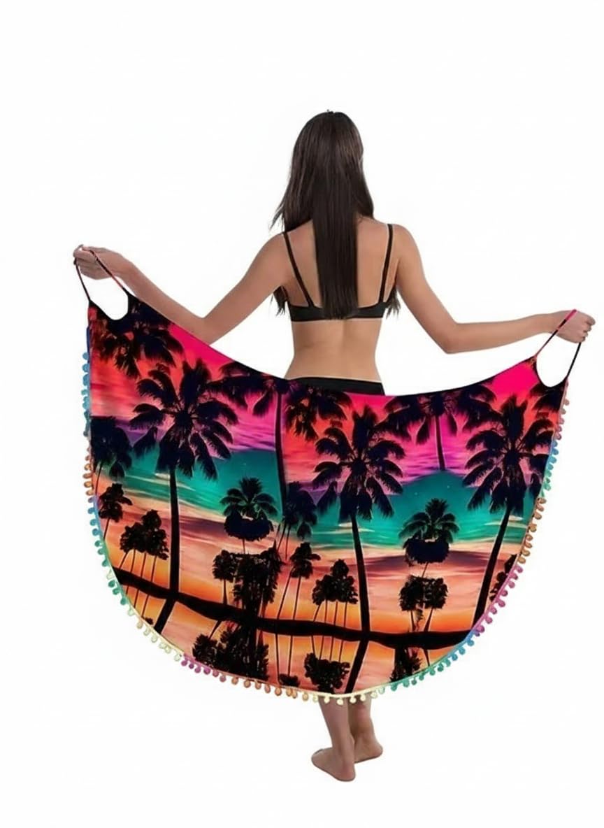 Women's Tropical Sunset Palm Tree Print Beach Sarong with Colorful Pom Pom Trim, Lightweight Georgette Swimsuit Cover Up Pareo Multicolour