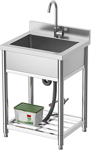 Miniatura 4 de Fregadero de acero inoxidable, fregadero de cocina de un solo tazón con grifo de agua fría y caliente, fregadero comercial para restaurante, bar,