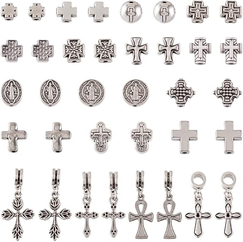 Cheriswelry 70 cuentas de cruz de crucifijo de aleación mixta, espaciador de plata antigua con agujero grande, colgantes de cruz de rosario,