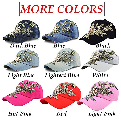 Elonmo Bling Hat, Womens Cute Lace Flowers Baseball Cap With Jewel Rhinestone Bling Hats Jeans Wash Denim Snapback (Black) #TOP7