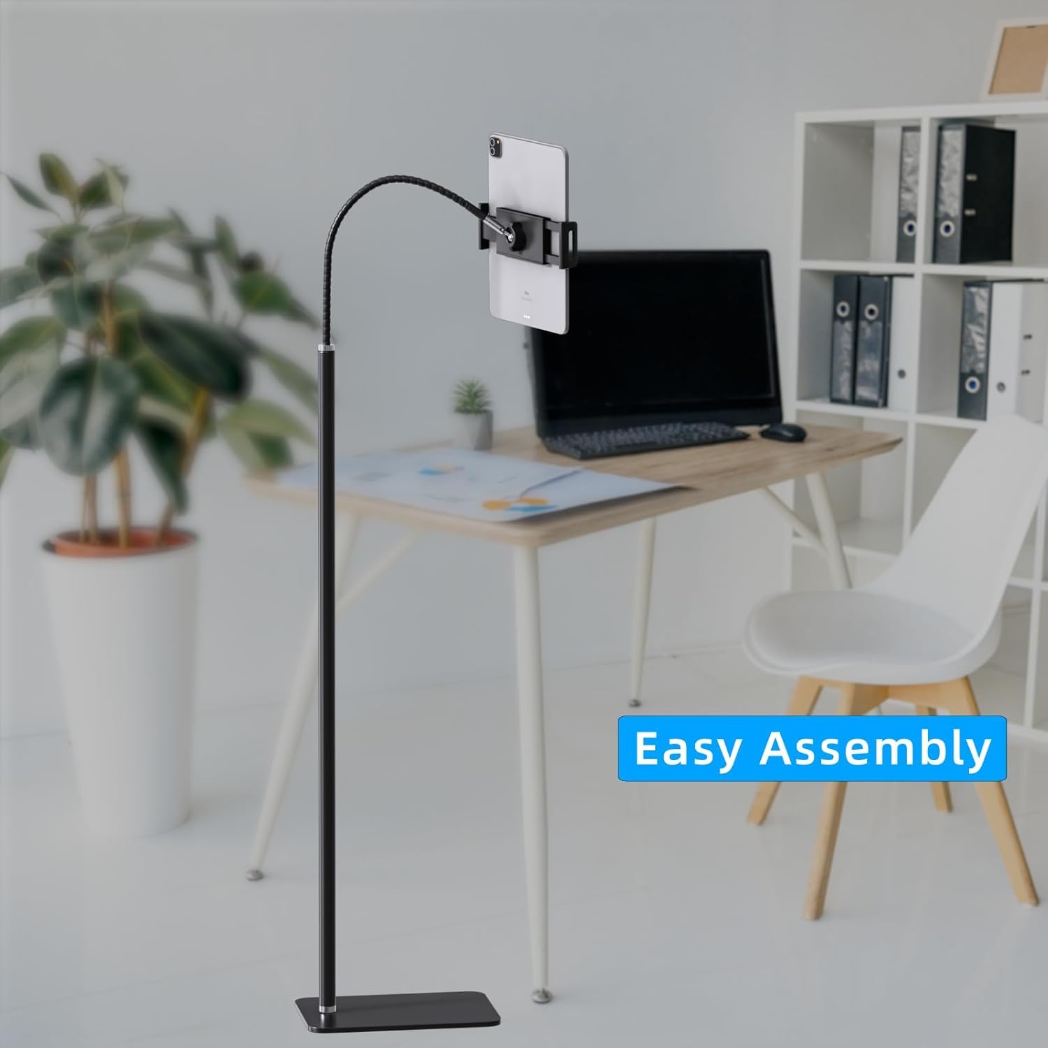 Supporto da pavimento per tablet con collo d'oca flessibile e base stabile, compatibile con tablet e telefoni cellulari (8,9-24,9 cm), nero