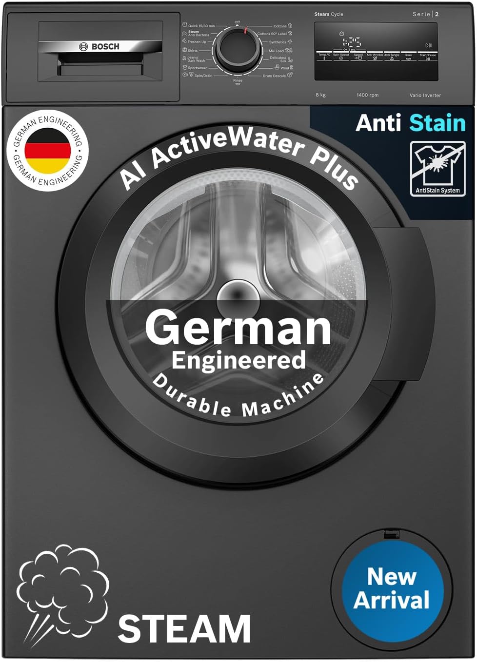 Bosch 8 kg 5 Star Front Load Fully-Automatic Washing Machine, AI ActiveWater,15 Wash Programs, Removes 99.9% Germs with Steam, No Tangle or Wrinkle, Zero Vibration, Black/Grey, WAJ2826CIN