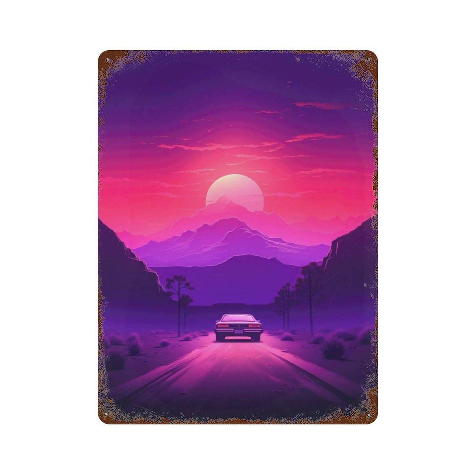 Synthwave Sunset Car Vintage Wall Sign 15.7"x11.8", Rust Effect Metal Decor for Cafe, Home Bar And Lounge Decor