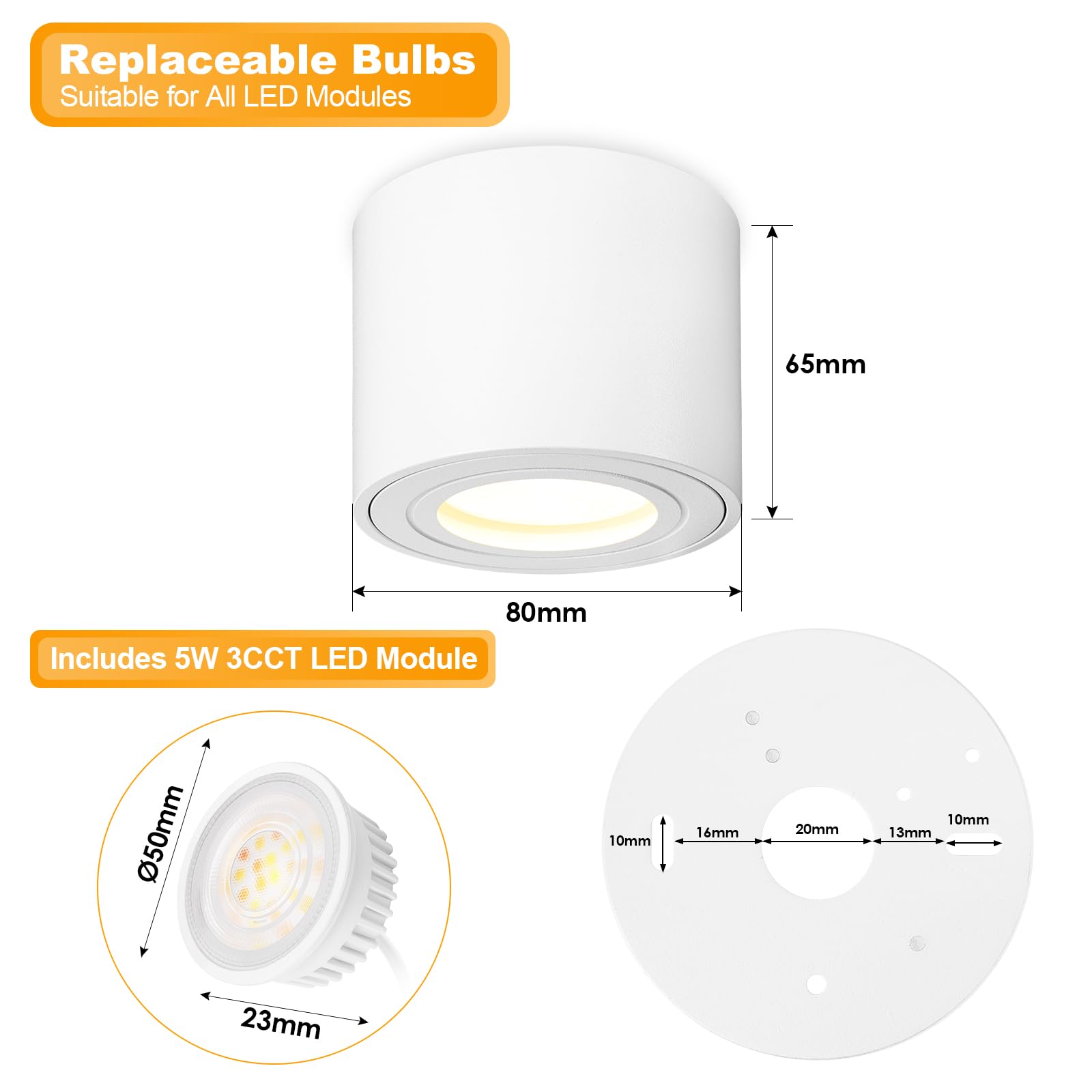 4 x reflektor LED do zabudowy, biały, IP44, Ø 80 x 65 mm, płaski, natynkowy reflektor punktowy 230 V, w zestawie moduł LED 5 W, 550 lm, 3000 K/4000K/6500 K, oświetlenie sufitowe, możliwość