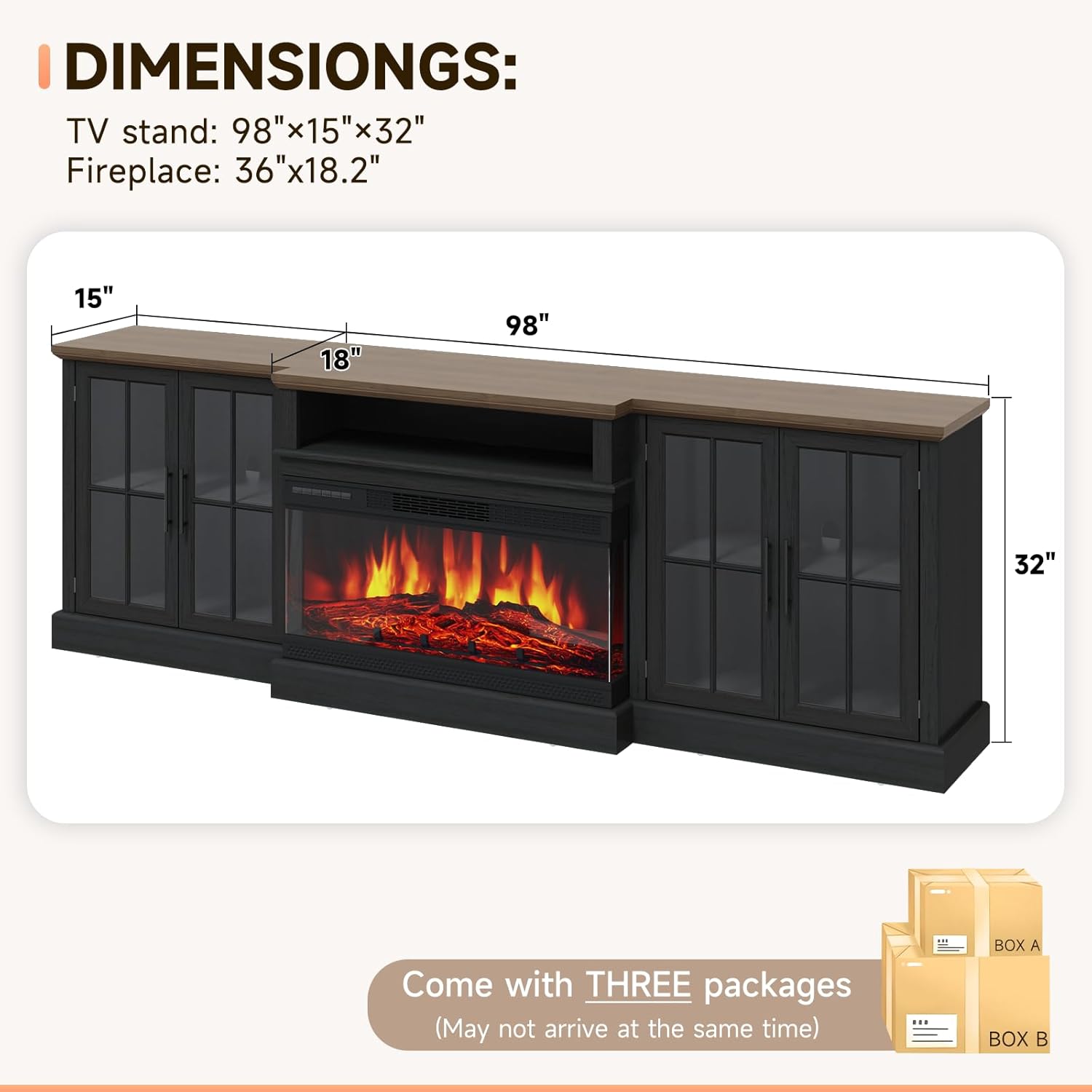 98" Farmhouse TV Stand with 36" Fireplace for Living Room,Media Entertainment Center with Adjustable Shelves and Large Storage Cabinets, TVs up to 100", Black - Image 6