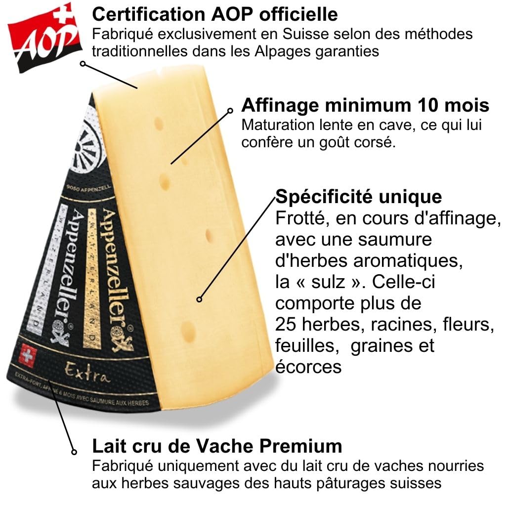 Appenzeller AOP Extra - Fromage Suisse traditionnel - 500gr - Goût corsé et épicé - affinage minimum 6 mois - Pâte pressée - Idéal raclette, fondue, apéritif
