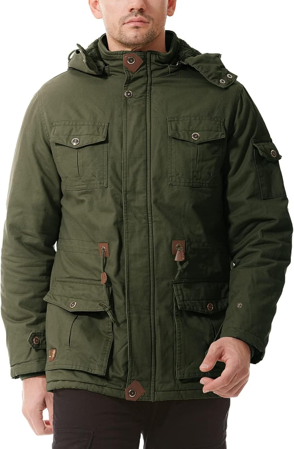 Mens Jacket Winter Casual Fleece Lined Cotton Thick Military Tactical Hooded Work Coats with Cargo Pockets - Image 2
