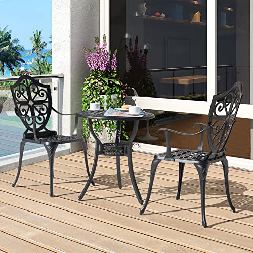 Image of NUU GARDEN 3-Piece Outdoor Bistro Set, Round 24 Inch Cast Aluminum Bistro Table with 2.17 inch Umbrella Hole and 2 Cast Aluminum Bistro Chairs, for Patio, Garden, Backyard and Balcony, Black