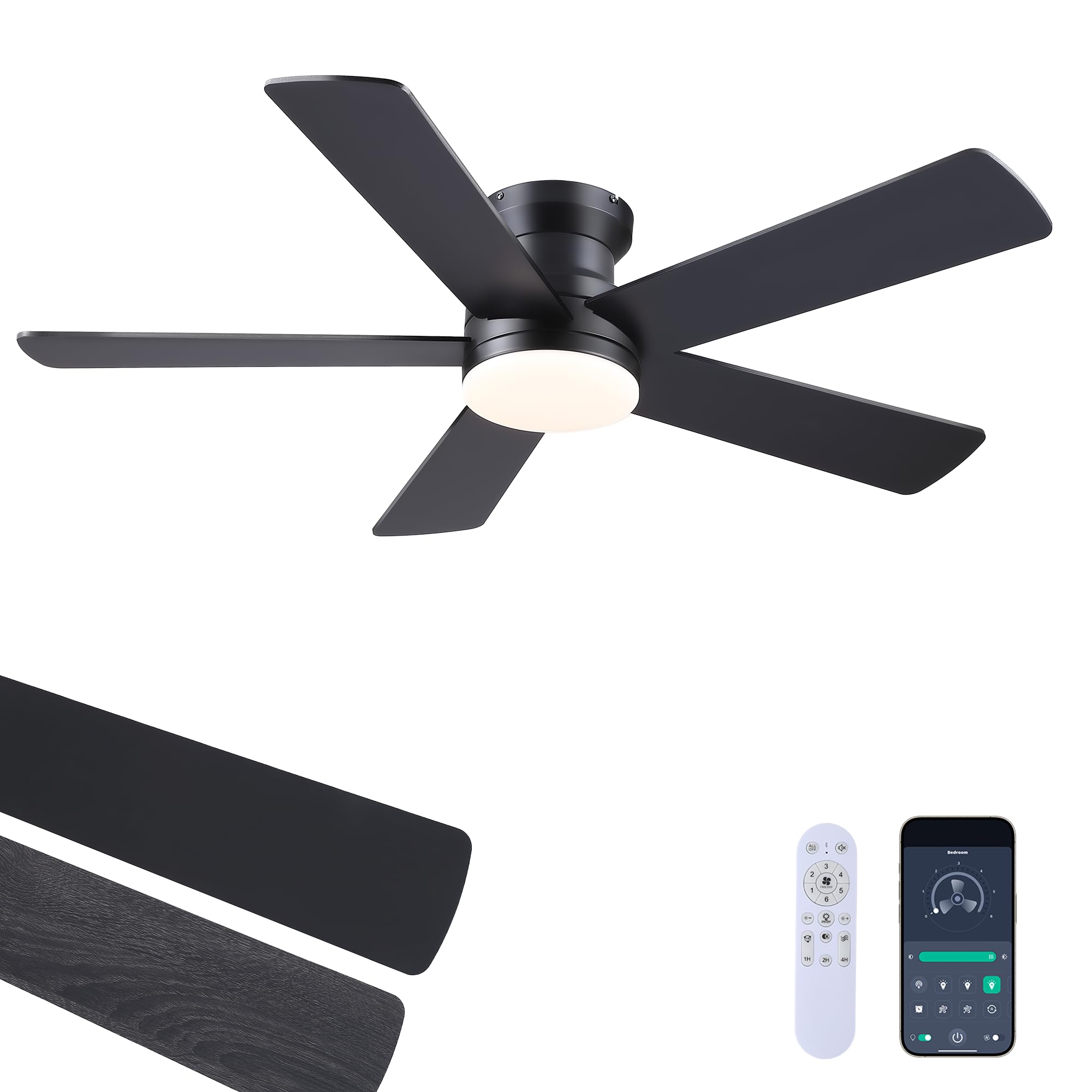 Ceiling Fans with Lights - 48" Black Flush Mount Ceiling Fan Light with 6 Speeds 3CCT Dimmable, Revesible Motor, Low Profile Fan Light for Modern Indoor Bedroom, Kitchen