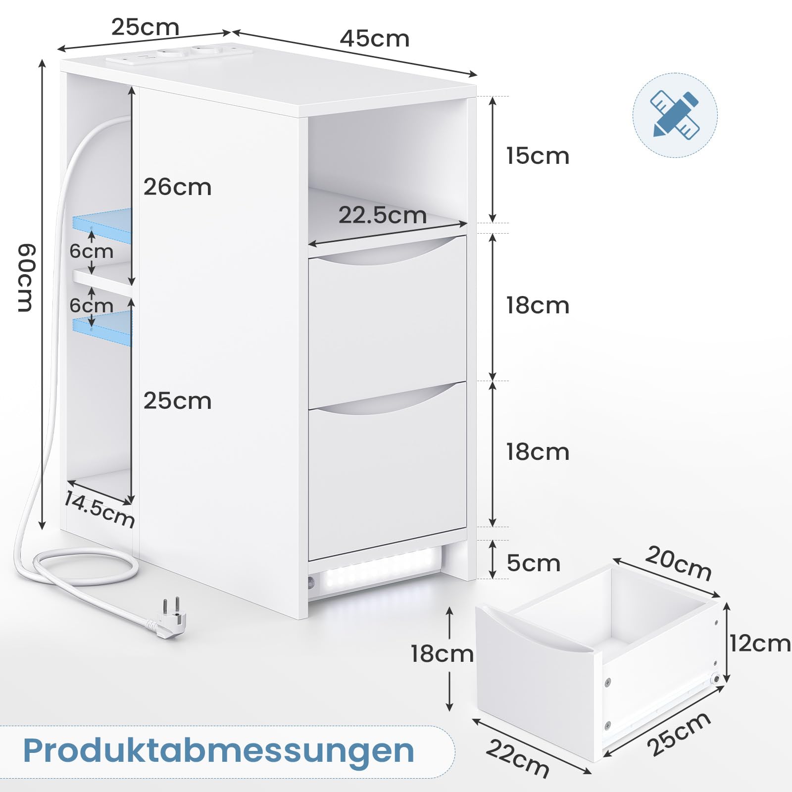 Brinlawb Nachttisch Schmal mit Ladefunktion und LED-Beleuchtung, Nachtschrank mit 3 offenen Fächern, 2 Schubladen Beistelltisch Schmal Sofatisch für Wohnzimmer, Schlafzimmer, Perfekt für kleine Ecke