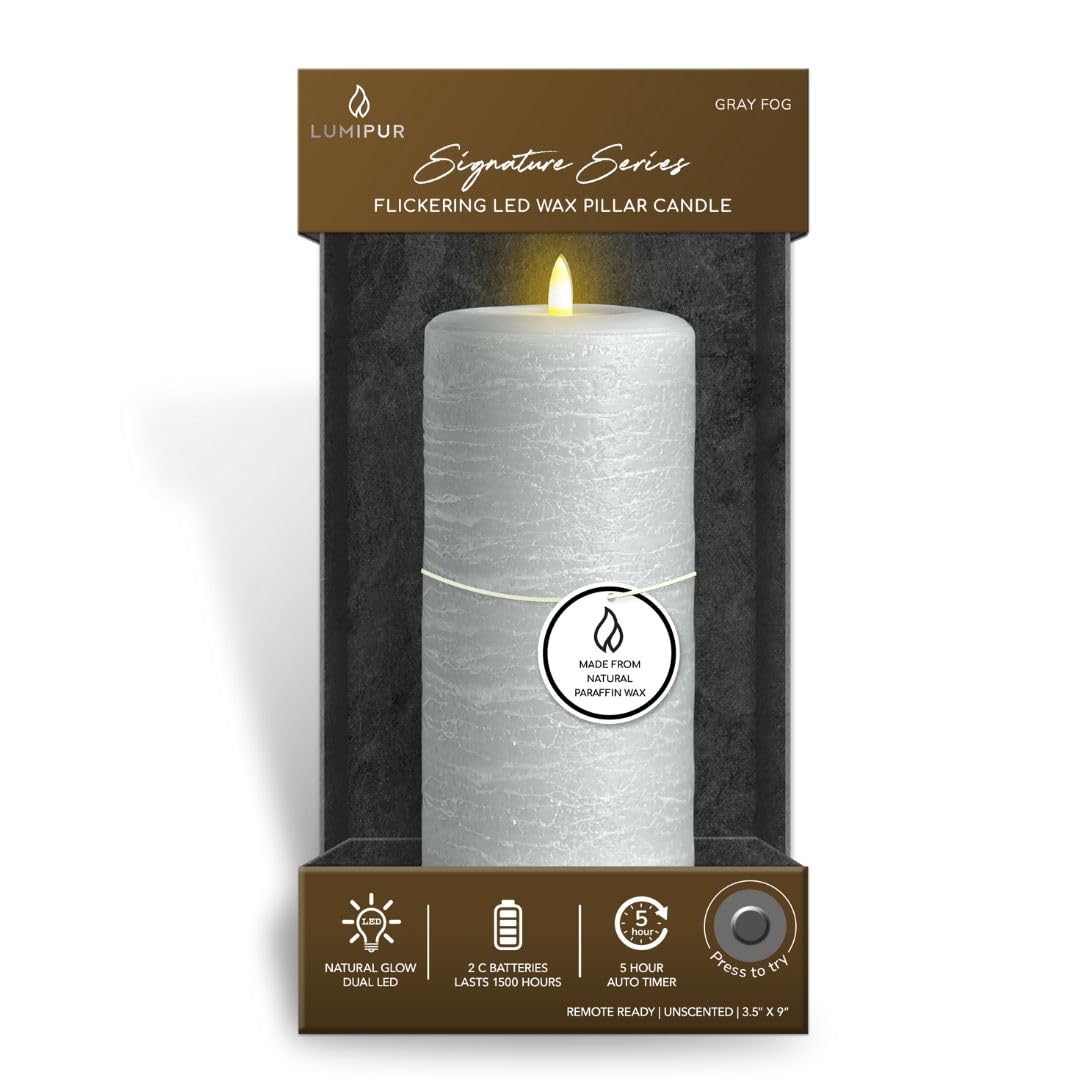 LumiPur Signature Natural Glow - Candela a colonna di cera con LED tremolante senza fiamma (8,9 x 22,9 cm, grigio nebbia)