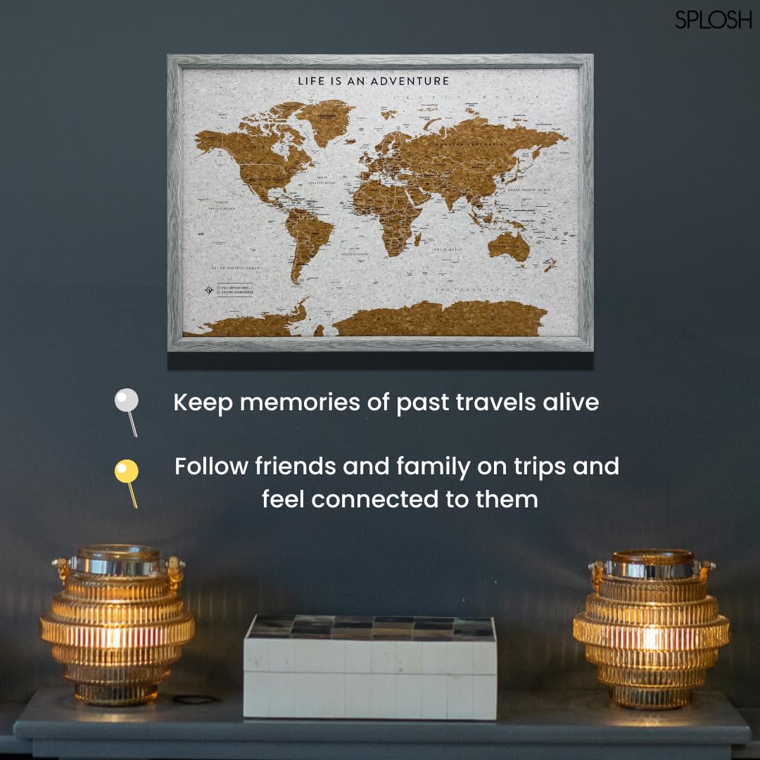 Splosh Mapa de Viaje Enmarcado - Tablero de Chinchetas de Madera Gris Mediano con 100 Chinchetas. Tablero de Corcho para Mapa de Viaje. Mapa del Mundo de Madera, Regalo de Viaje con Mapa de Corcho
