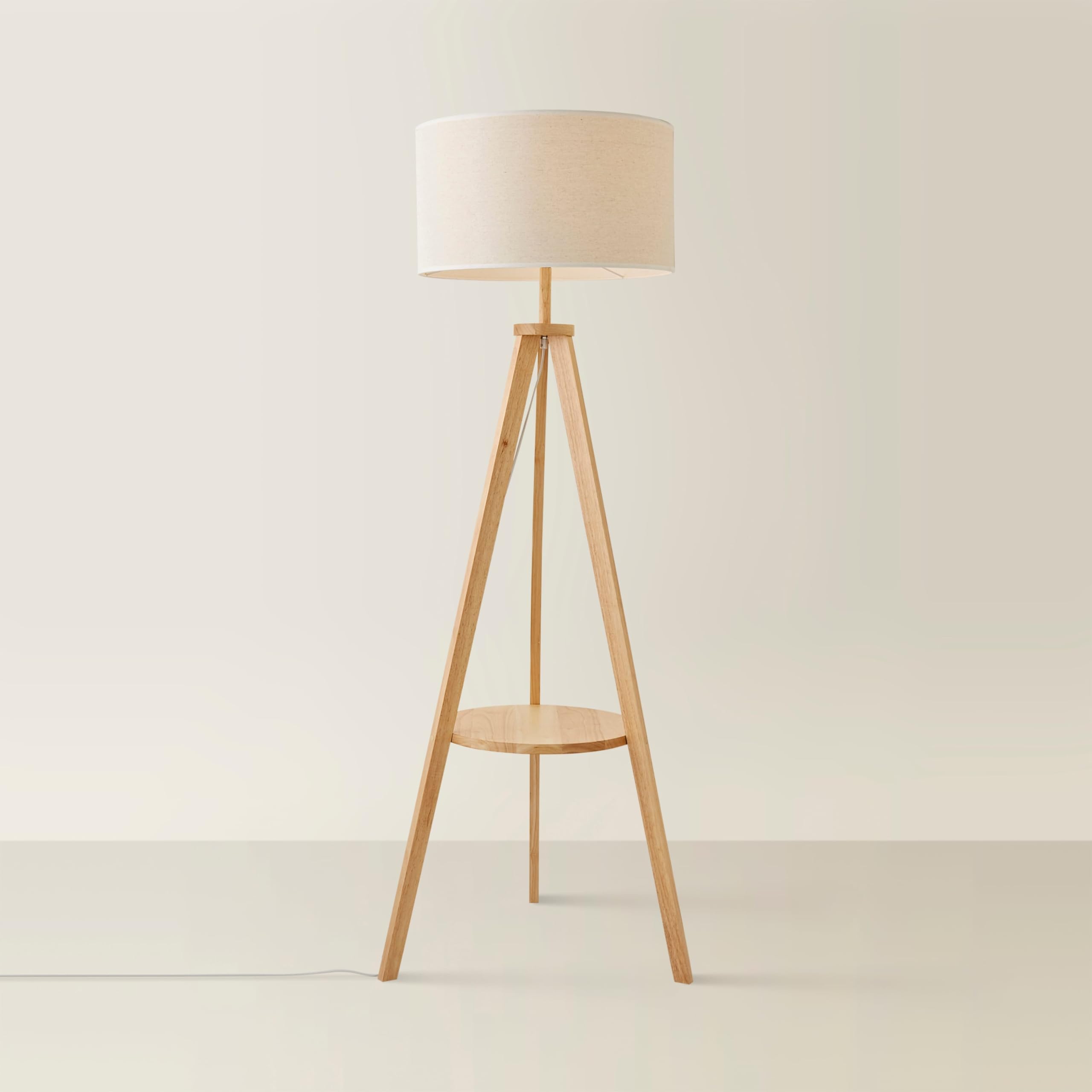 ValueLights | Natural Wood Tripod Floor Lamp with Storage Shelf and White Trim Drum Shade Living Room Lounge Light | Floor Lamps, Home Décor & Improvement Essential