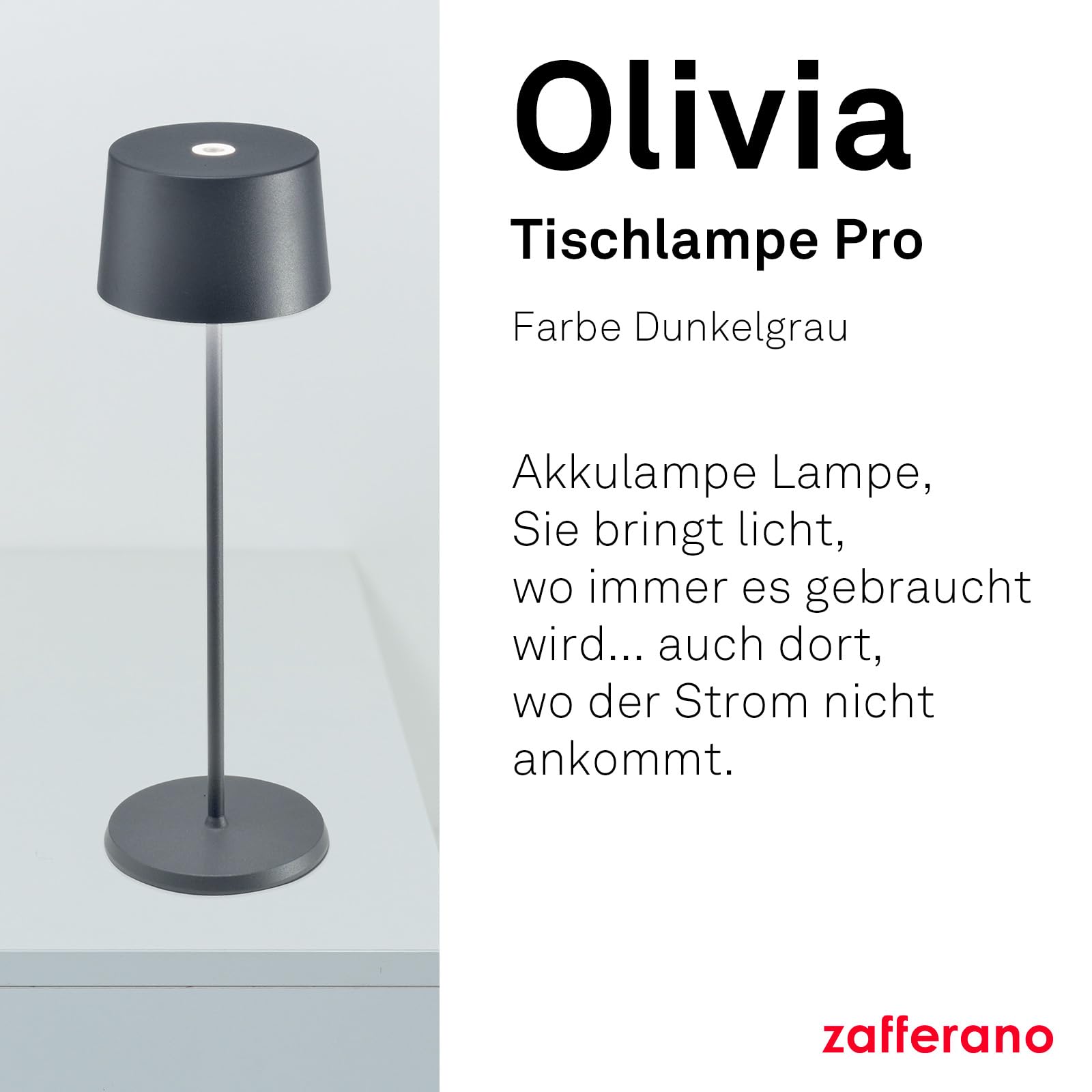 Zafferano, Olivia Pro Lampe, Tragbare und Wiederaufladbare Tischlampe mit Touch Control, Geeignet für Wohnzimmer und Außenbereich, Dimmer, 2200-3000 K, Höhe 35 cm, Farbe Dunkelgrau