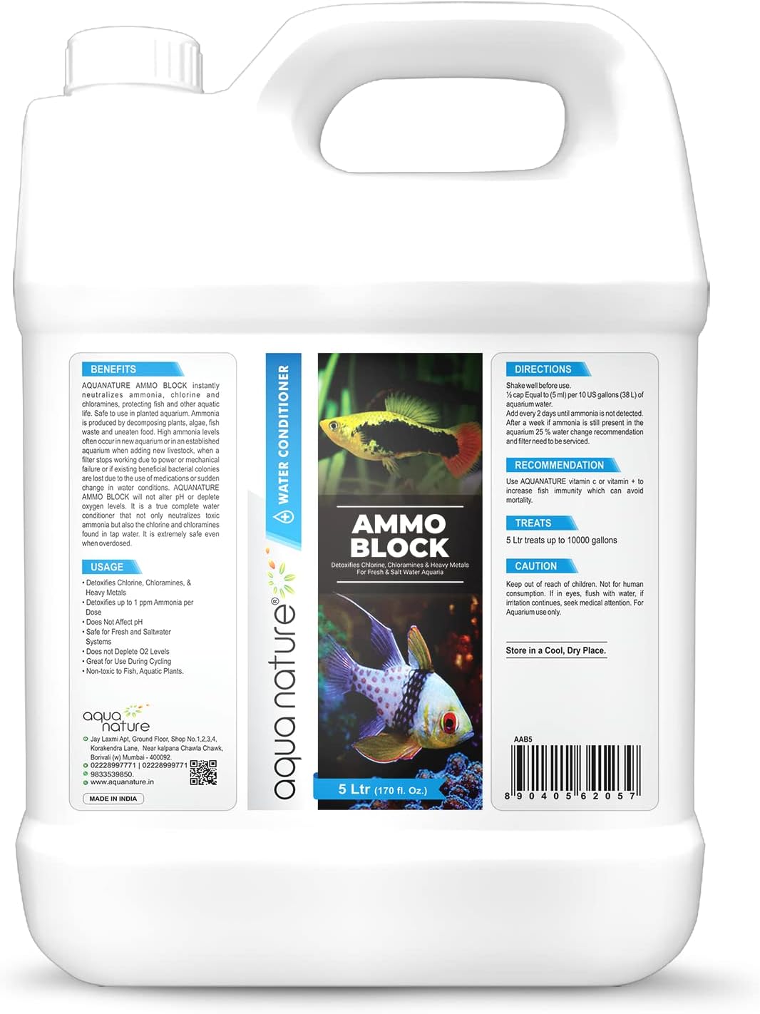 AquaNature Ammo Block Detoxifies Chlorine, Chloramines, and Heavy Metals for Fresh & Salt Water Aquarium (5Ltr)