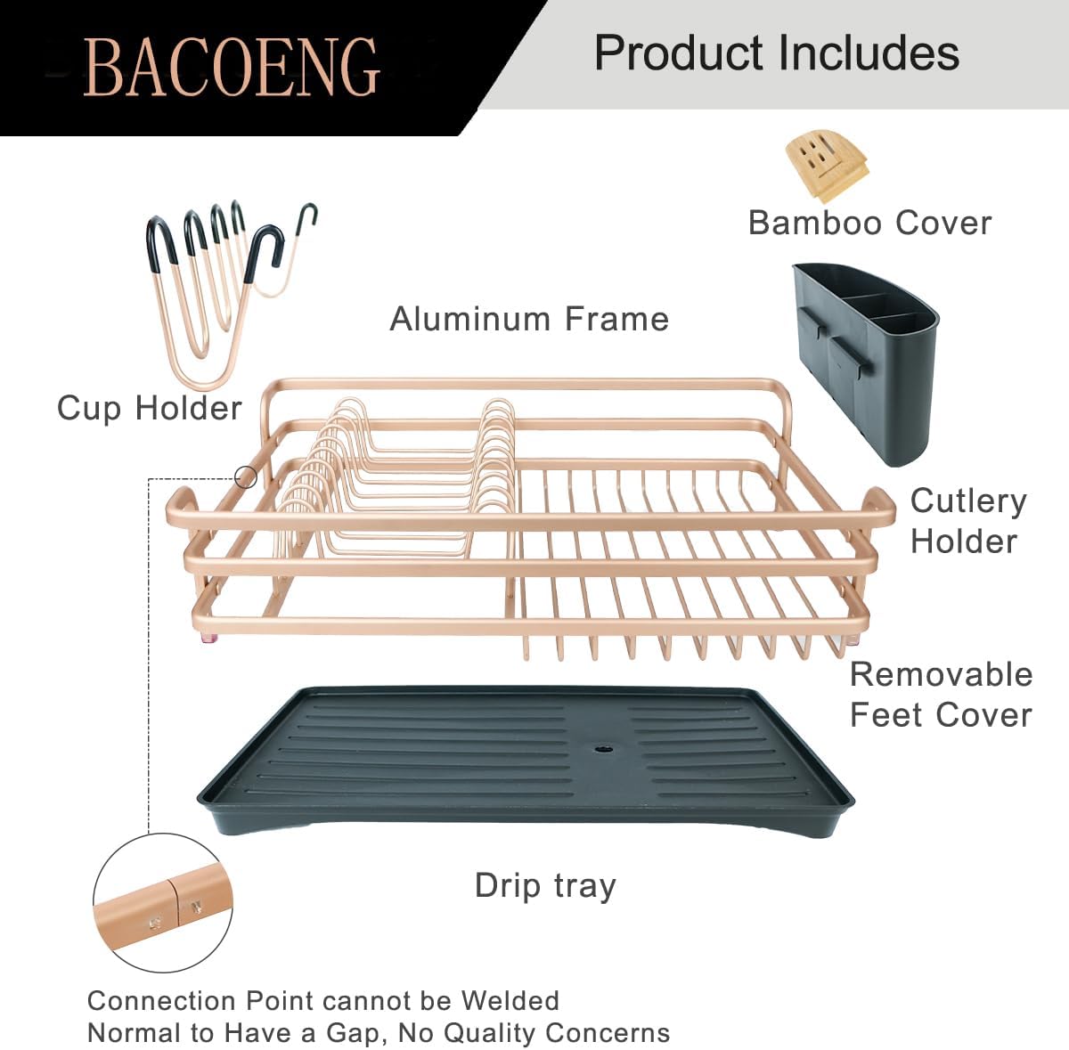 Gold Aluminum Dish Drying Rack with Utensil Cup and Swivel Spout
