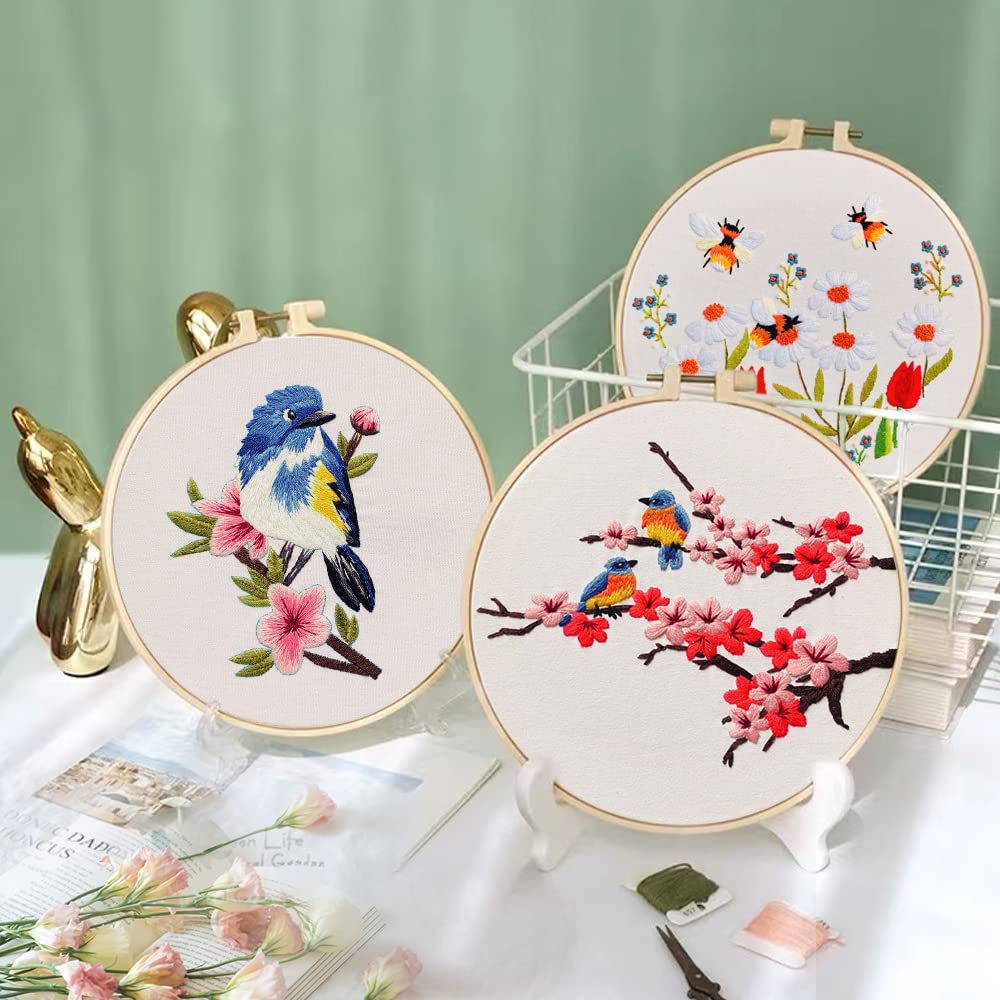 Yutaohui 3 Sets Birds Embroidery Kit with 1 Embroidery Hoop, Birds, Bee, Flower Embroidery Kits for Beginners, Bird Embroidery Kit for Adults, Starter.