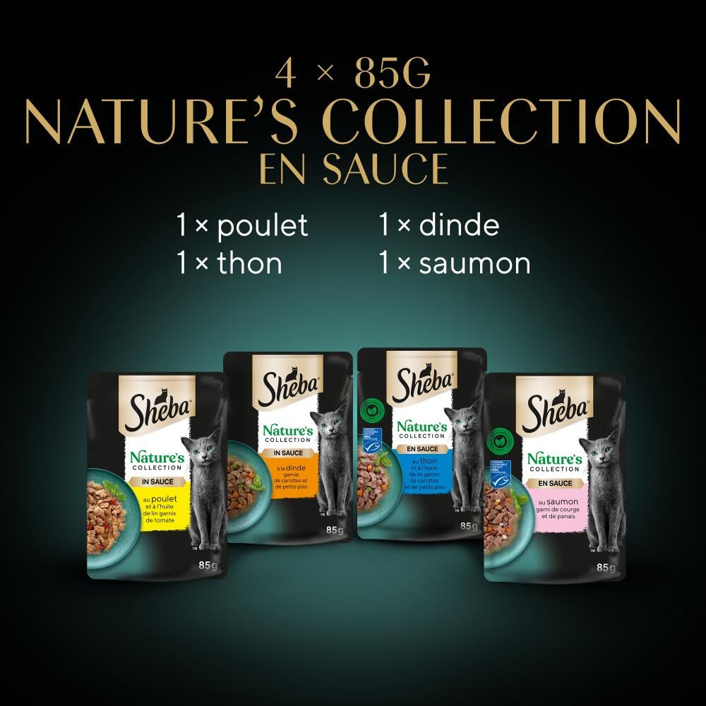 Sheba Nature's Collection en Sauce pour Chats Adultes - Nourriture Humide pour Chats Sélection Terre & Mer 4 variétés - Sachets fraîcheur (13 x 4 x 85g)