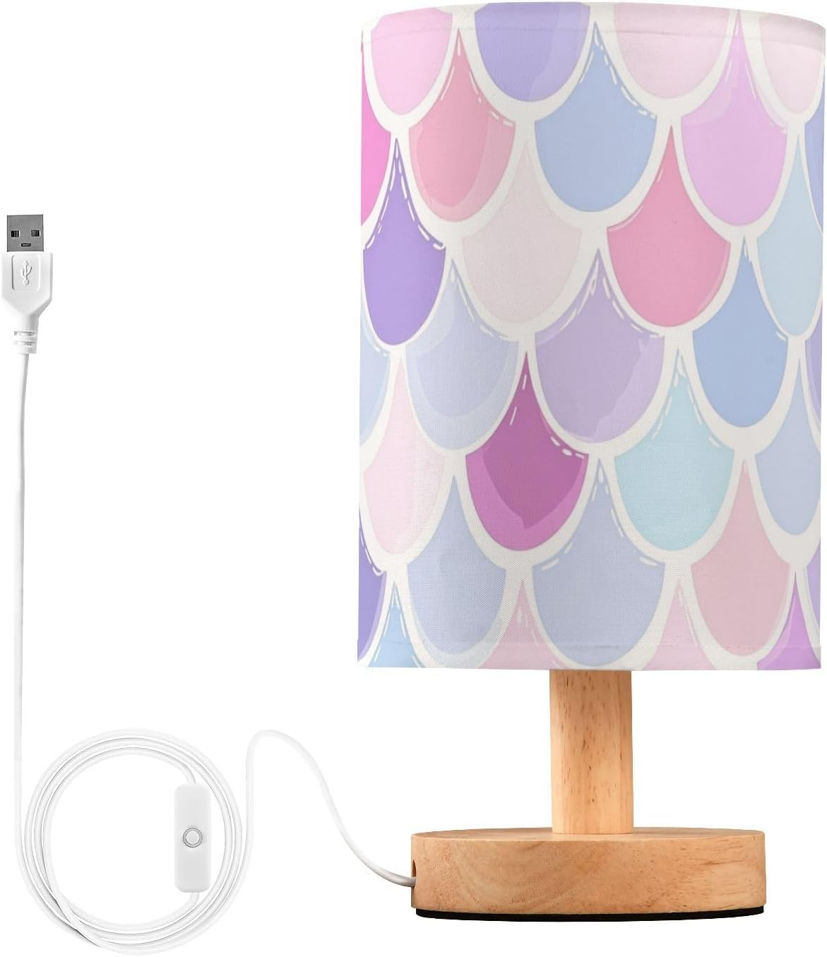 Rainbow Scales Mermaid Pattern Bedside Table Lamp for Bedroom Nightstand Lamp with Wood Base & Round Flaxen Fabric Shade Night Stand Light Lamp for Living Room Dorm Home Office Reading Working