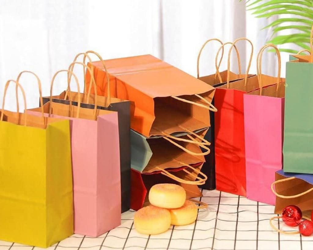 20 małych torebek z papieru typu kraft, z uchwytami (21 x 15 x 8 cm) – małe opakowanie prezentowe w 10 kolorach, wszechstronne na imprezę, do rzemiosła i przechowywania