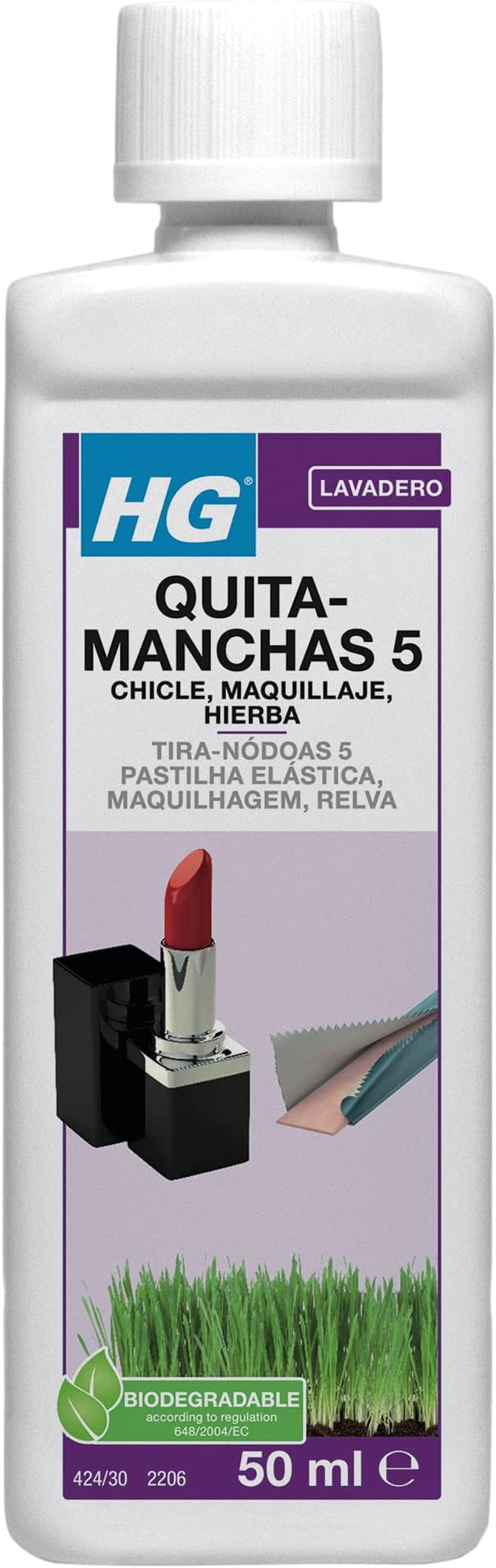 HG Quitamanchas 5, Elimina Manchas de Chicle, Maquillaje, Hierba y Barro, Disuelve y Quita Manchas en Telas, Tratamiento para Tapicerías, Limpieza Efectiva de Manchas - 50 ml