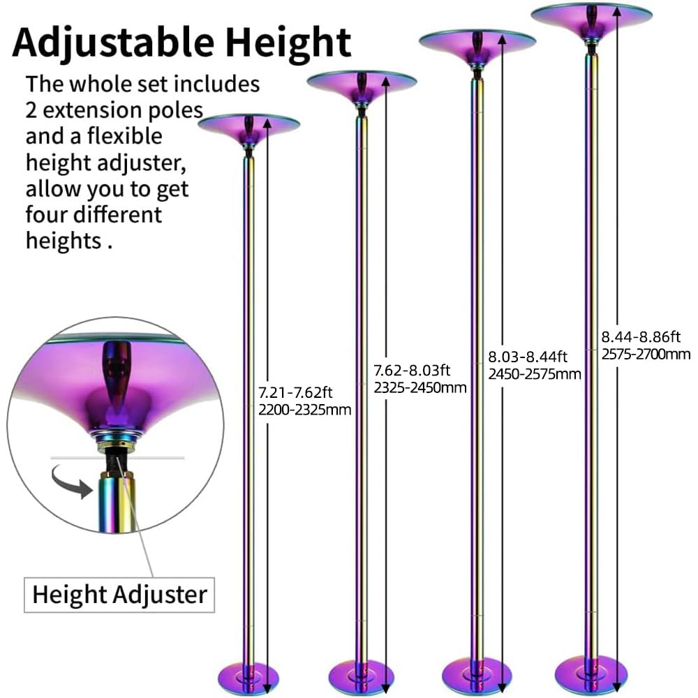 PRIORMAN Dance Pole Set -Premium Heavy Duty Height Adjustable 7.38-8.85ft Portable 45mm(1.77") 360°Spinning Pole Dancing Pole W/CE Certificate for Home Gym, Removable, 200KGS Capacity: Colorful