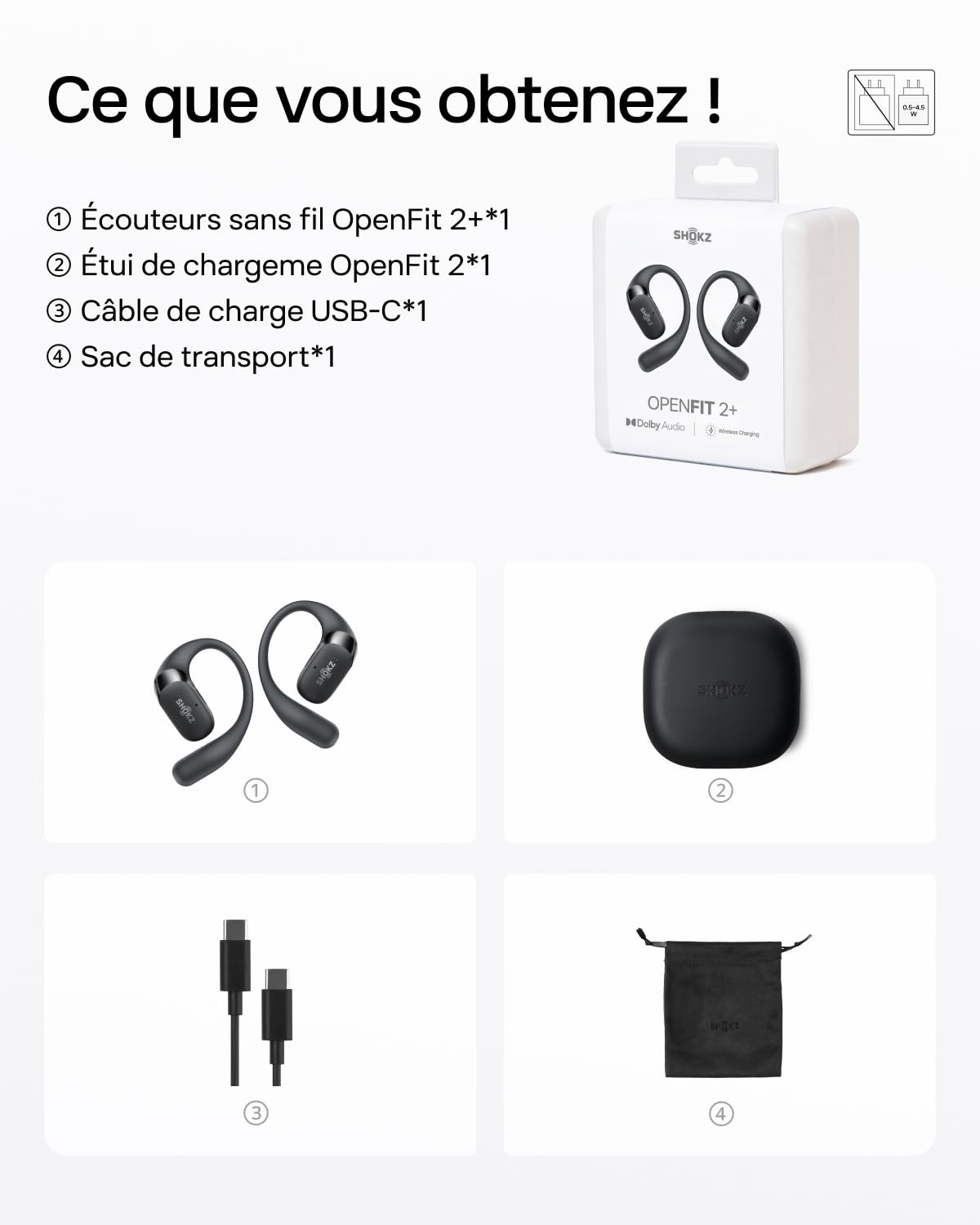 SHOKZ OpenFit 2+ Nouveaux Casques à Oreilles Libres, Dolby Audio, Crochets d’Oreille Souples, 48 Heures d’autonomie, résistance à l’Eau IP55, Recharge sans Fil, avec Sac de Transport, Noir