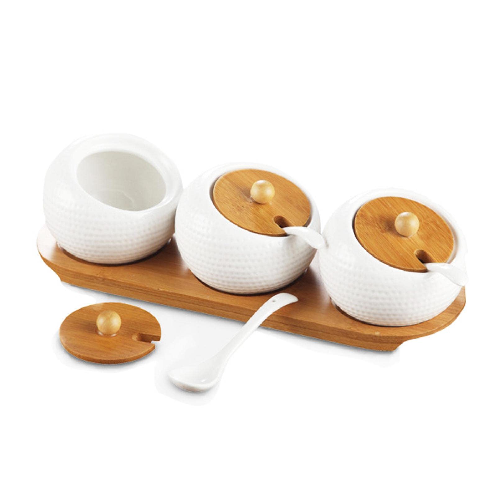 Set di vasetti per spezie in ceramica con vasetti da portata e supporto in bambù per zucchero, servire, tè, caffè, spezie, sale