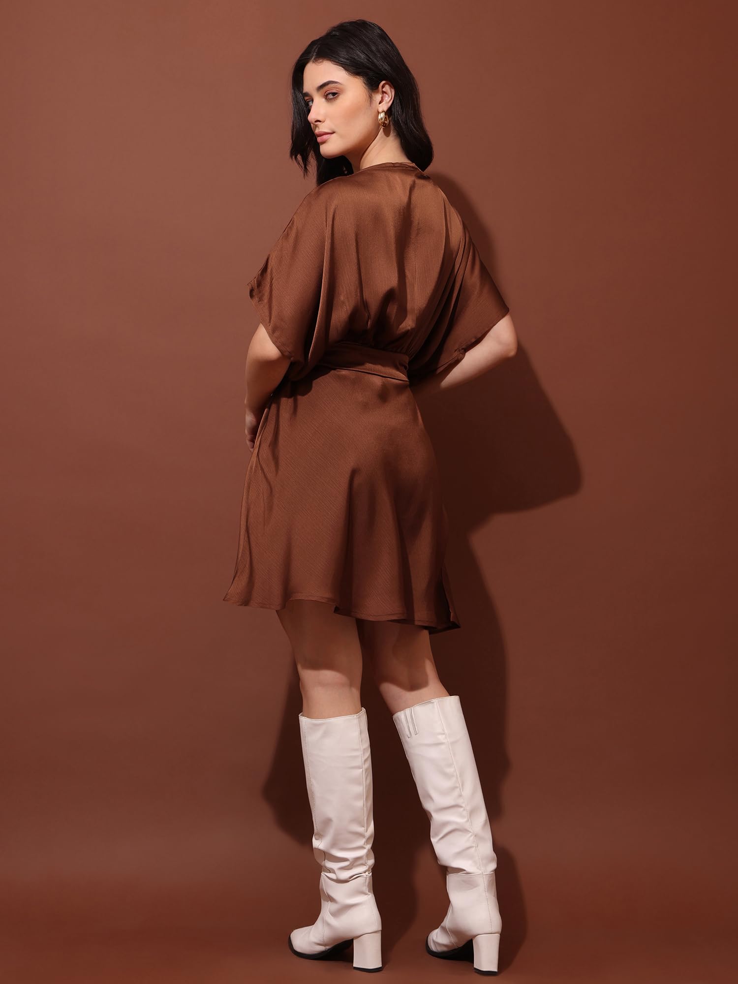 Purvaja Womens Cowl Neck Silk Blend Mini Dress (Floe-126-Xxl_Brown)