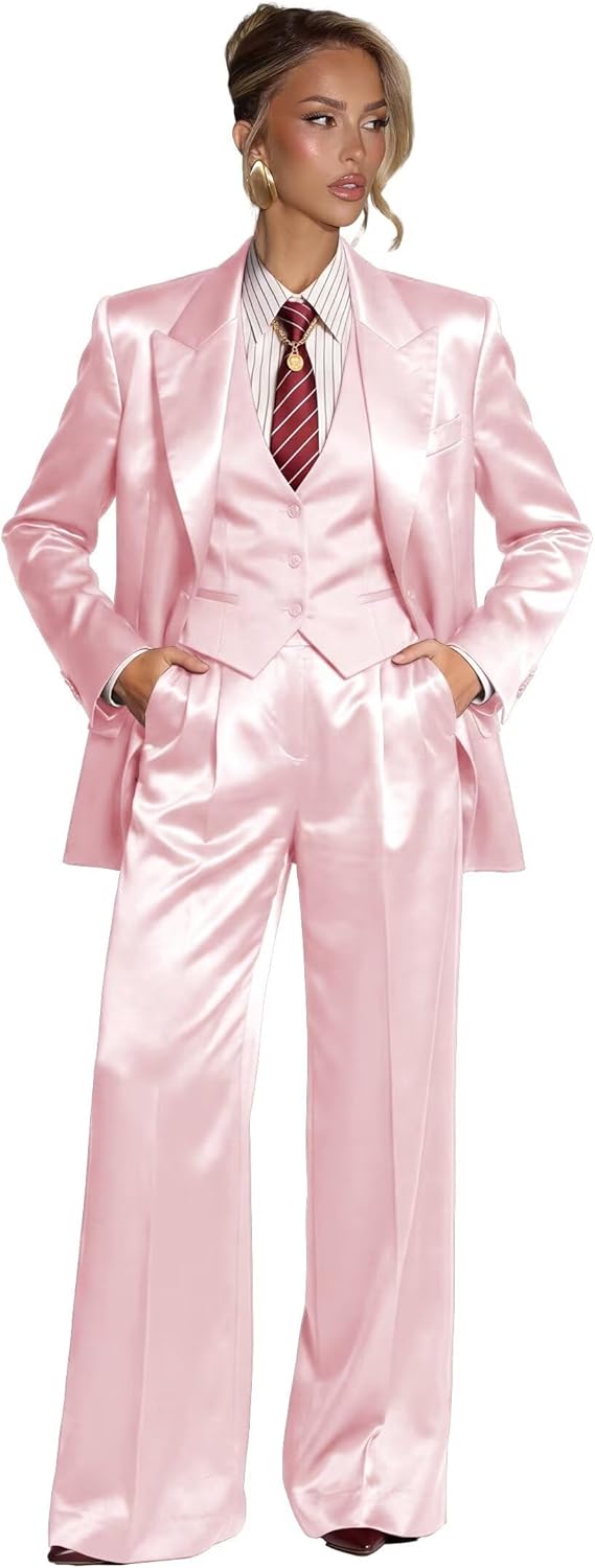 Womens Suit 3 Piece Satin Pant Suits for Women Dressy Business Casual Outfits Single Breasted Vest and Pants Set Women