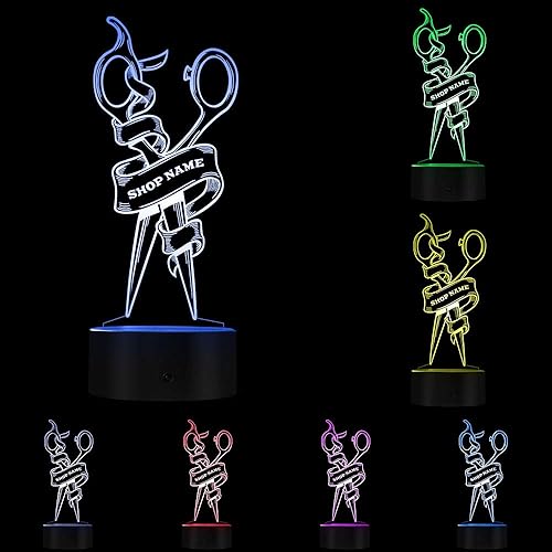 Estilista Tijera Led Lámpara de noche con 7 colores cambiantes Luz personalizada Barbería Nombre Peluquero Tijera Iluminación Decorativa