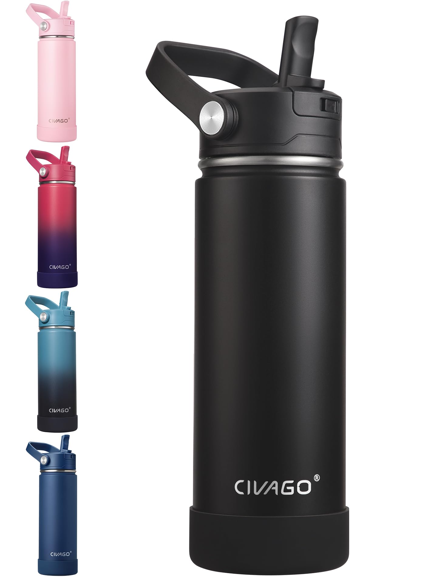 CIVAGO Insulated Stainless Steel Water Bottle with Detachable Straw, 500ml Metal Sports Drink Bottle with Bucket Handle, Leakproof Reusable Flask with Silicone Boot for School, Dishwasher Safe, Black