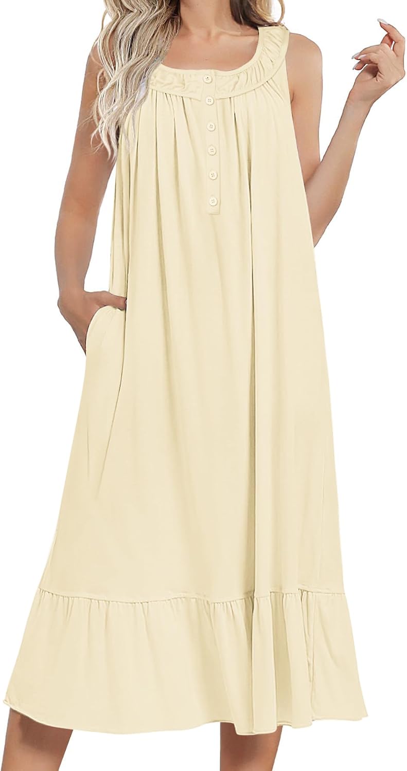 Ekouaer Women's Nightgowns Long Sleeveless Night gown with Pockets Soft Ladies Nightdress
