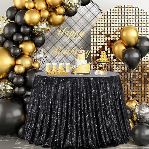 Image of B-COOL Black Sequin Tablecloth Parties Decor: Round Sequin Overlay Shimmer Fabric for Halloween Table Setting Buffet Graduation Party 120 Inch